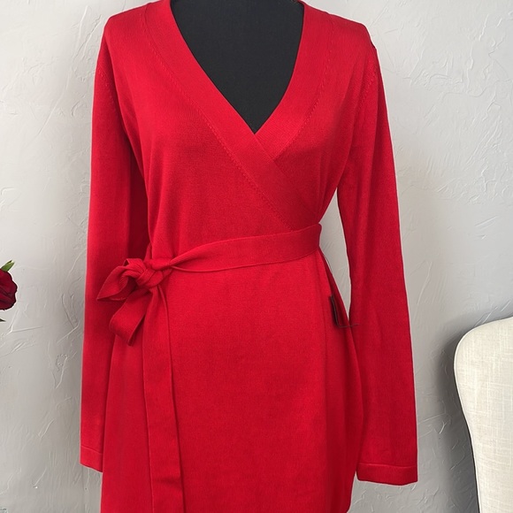 Lulu's Long Sleeve Red Wrap Sweater Dress - Picture 3 of 7